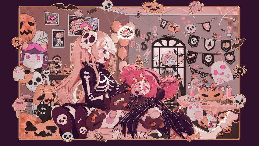 +_+ 3girls :d absurdres alternate_costume alternate_hair_color ascot balloon bat_(animal) black_bow black_bowtie black_cape black_cat black_dress black_eyes black_gloves black_hairband black_shorts blonde_hair blue_eyes bone_print bow bowtie brown_vest buro_(muse_dash) candle candy cape cat copyright_name door drawing_(object) dress facepaint fang feeding food ghost glass gloves hair_ornament hairband halloween halloween_bucket happy_halloween highres indoors jar knocking long_sleeves marija_(muse_dash) multicolored_hair multiple_girls mummy muse_dash official_art ola_(muse_dash) open_mouth pink_eyes pink_hair plate red_hair rin_(muse_dash) second-party_source shirt short_twintails shorts silk skull_hair_ornament smile spider_web spoken_character stitches streaked_hair stuffed_toy table teeth twintails two-tone_hair upper_teeth_only vest white_ascot white_shirt