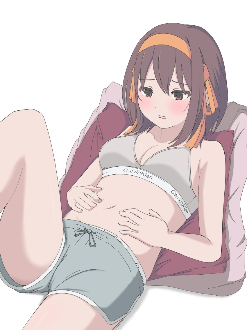 1girl absurdres bare_shoulders blush bob_cut bra breasts brown_eyes brown_hair calvin_klein cleavage clothes_writing collarbone commentary_request dolphin_shorts drawstring feet_out_of_frame grey_bra grey_shorts hairband hands_on_own_stomach highres knee_up looking_at_self looking_down lounging lying medium_breasts midriff navel no_shirt on_back panties panty_peek parted_lips pillow rai_iceblast raised_eyebrows short_hair short_shorts shorts simple_background solo suzumiya_haruhi suzumiya_haruhi_no_yuuutsu underwear underwear_writing weight_conscious white_background worried yellow_hairband