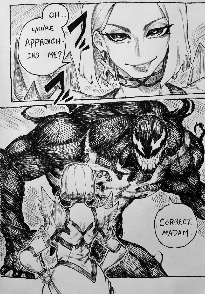 1boy 1girl absurdres breasts cape choker chronozbergh cleavage earrings emma_frost highres jewelry lipstick looking_at_viewer makeup marvel marvel_rivals monster_boy short_hair slime_boy smile spider-man_(series) symbiote traditional_media venom_(marvel) x-men
