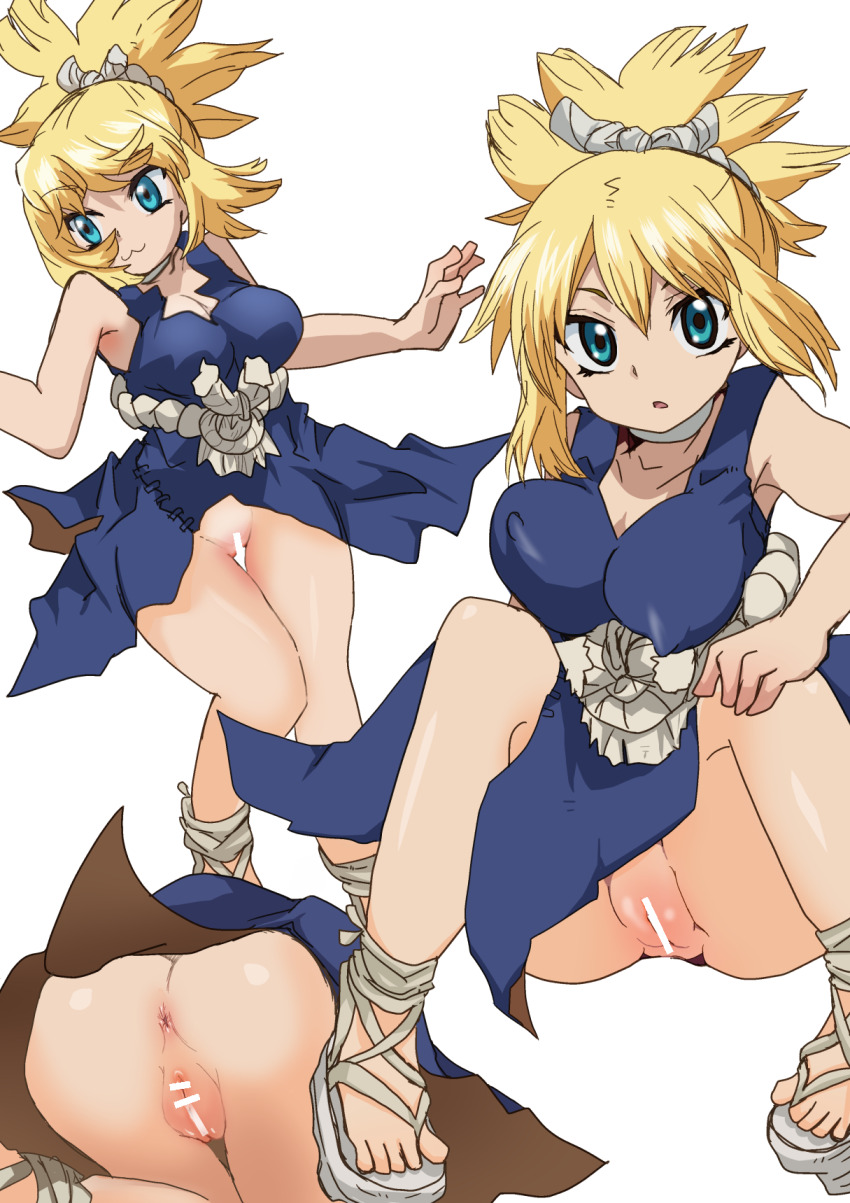 1girl anus ass bar_censor blonde_hair blue_dress blue_eyes bouncing_breasts breasts censored choker cleavage covered_erect_nipples dr._stone dress highres kohaku_(dr._stone) large_breasts looking_at_viewer mizuei2 multiple_views no_panties ponytail pussy rope rope_belt sandals smile squatting white_background
