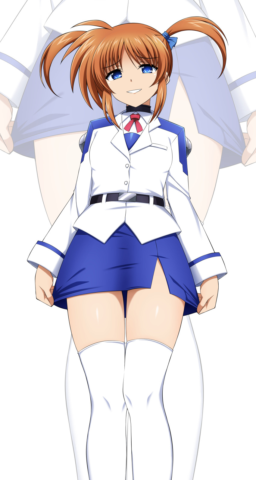 1girl absurdres adjusting_skirt belt blue_eyes brown_hair buckle evil_grin evil_smile eyebrows_hidden_by_hair grin hair_ribbon highres long_sleeves looking_at_viewer lyrical_nanoha mahou_shoujo_lyrical_nanoha military_uniform oshimaru026 pencil_skirt red_ribbon ribbon sidelocks skirt smile solo takamachi_nanoha thighhighs tsab_air_military_uniform twintails white_background zoom_layer
