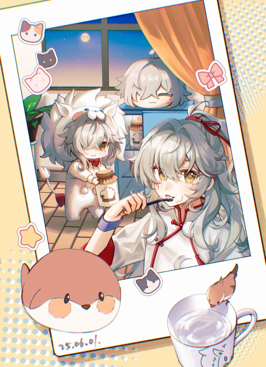 1boy 2025 absurdres brushing_teeth chibi chinese_clothes cup dated grey_hair highres honkai:_star_rail honkai_(series) indoors jing_yuan kleinlight male_focus medium_hair mole mole_under_eye mug multiple_views solo window yellow_eyes