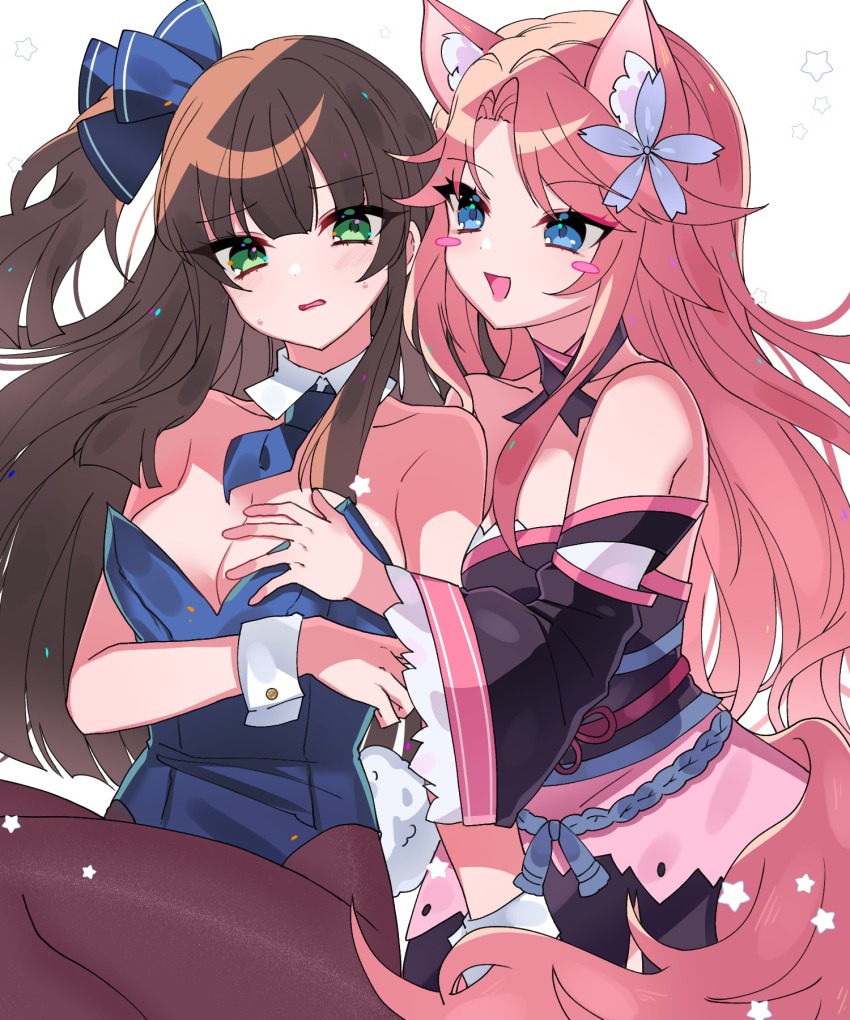 241_blgl alternate_costume animal_ears blue_eyes bow ceri_(sakura_dungeon) commission commissioner_upload fox_ears fox_tail grabbing_another&#039;s_breast green_eyes groping hair_bow highres japanese_clothes kimono leotard naughty_face non-web_source pantyhose pink_hair playboy_bunny sakura_dungeon sweat tail yomi_(sakura_dungeon) yuri