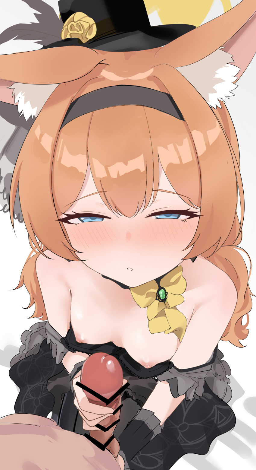 1boy 1girl absurdres animal_ear_fluff animal_ears bar_censor black_dress black_hairband black_hat blue_archive blue_eyes breasts cat_ears censored dress erection hairband halo handjob hat hetero highres loli long_hair looking_at_viewer mari_(blue_archive) mari_(idol)_(blue_archive) nipples orange_hair penis small_breasts solo_focus yellow_halo ykt_scl