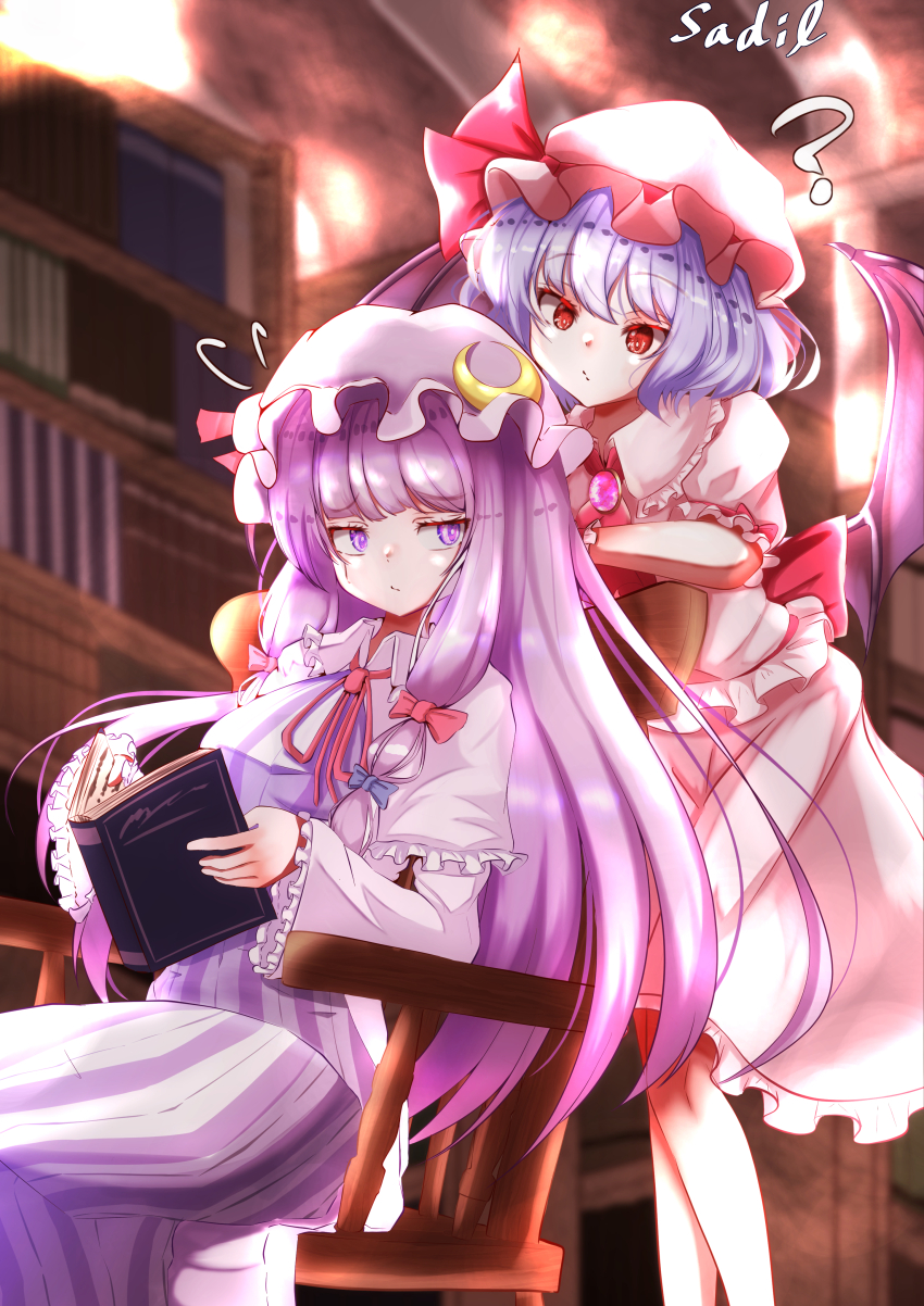 2girls :/ ? absurdres artist_name ascot back_bow bat_wings blue_bow blue_hair book bookshelf bow brooch chair commentary crescent crescent_hat_ornament dress feet_out_of_frame flying_sweatdrops frilled_sleeves frills hair_bow hat hat_ornament hat_ribbon highres holding holding_book indoors jewelry leaning_on_object library long_hair looking_at_another multiple_girls neck_ribbon on_chair patchouli_knowledge pink_hat purple_eyes purple_hair red_ascot red_bow red_eyes red_ribbon remilia_scarlet ribbon robe sadil shirt short_hair sidelocks sideways_glance sitting skirt standing straight_hair striped_clothes striped_dress touhou two-tone_dress vertical-striped_clothes vertical-striped_dress very_long_hair white_robe white_shirt white_skirt wings