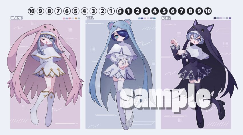 3girls arms_behind_back black_dress black_hair black_thighhighs black_veil blue_veil digimon digimon_(creature) digimon_card_game dress full_body grey_eyes grey_hair group_picture hair_over_one_eye highres multiple_girls nagoshi nun one_eye_closed paw_pose sample_watermark sistermon_blanc sistermon_ciel sistermon_noir thighhighs veil watermark white_dress white_thighhighs