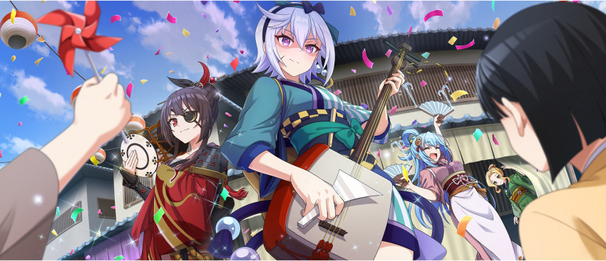 4girls apron aqua_(konosuba) aqua_kimono architecture black_hairband blonde_hair blue_hair blue_sky bow bow_hairband brown_hair chris_(konosuba) closed_eyes cloud cloudy_sky confetti day drum east_asian_architecture edo_jidai evil_smile eyepatch facial_scar flower folded_ponytail from_below game_cg glowing glowing_eyes green_kimono grey_hair hair_between_eyes hair_bow hair_bun hair_flower hair_ornament hair_rings hair_stick hairband hand_fan highres holding holding_instrument instrument japanese_clothes kimono kono_subarashii_sekai_ni_shukufuku_wo! konosuba!_fantastic_days light_blue_hair long_hair looking_at_viewer looking_down luna_(konosuba) megumin multiple_girls music obi obijime official_alternate_costume official_alternate_hairstyle official_art open_mouth outdoors pink_kimono playing_instrument purple_eyes red_eyes red_kimono sash scar scar_on_cheek scar_on_face shaded_face shamisen short_hair short_hair_with_long_locks short_kimono side_ahoge sidelocks single_hair_bun single_hair_ring sky smile striped_clothes striped_kimono tokyo_(city) tsuzumi v-shaped_eyebrows vertical-striped_clothes vertical-striped_kimono waist_apron yellow_eyes