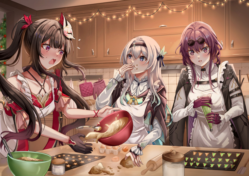 3girls absurdres apron baking bare_shoulders bell black_gloves black_hairband black_jacket breasts brown_hair cabinet chest_harness christmas_lights christmas_tree cleavage closed_mouth collared_shirt commentary_request cowboy_shot criss-cross_halter crumbs dough dress dropping eating egg_(food) egg_carton elevenmanga eyewear_on_head facing_viewer firefly_(honkai:_star_rail) food food_on_face fox_mask frilled_apron frills glasses gloves grey_hair hair_between_eyes hair_intakes hair_ornament hairband halterneck hand_up harness highres holding holding_pastry_bag honkai:_star_rail honkai_(series) indoors jacket kafka_(honkai:_star_rail) kitchen long_hair long_sleeves looking_down looking_up maid_apron mark_under_both_eyes mask mask_on_head measuring_spoon medium_breasts mixing_bowl multiple_girls neck_bell neckerchief open_mouth orange_neckerchief pastry_bag pince-nez pink_eyes purple_eyes purple_gloves purple_hair red_dress rolling_pin round_eyewear shirt short_sleeves single_glove sparkle_(honkai:_star_rail) sweatdrop tile_wall tiles twintails white_apron white_shirt