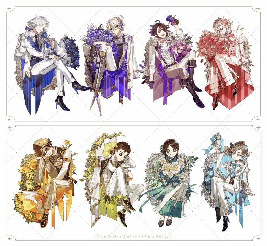 3girls 5boys :d ahoge aiguillette androgynous anemone_(flower) ankle_boots arm_support ascot baby&#039;s-breath back_bow bandaged_chest bandaged_neck bandages bead_necklace beads bell-bottoms belt belt_buckle bib_collar black_belt black_boots black_eyes black_gloves black_hair black_shoes black_vest blonde_hair blue_bow blue_bowtie blue_coat blue_eyes blue_flower blue_hairband blue_necktie blue_rose blue_sash blue_vest boots border bottle bouquet boutonniere bow bow_hairband bowtie bridge_piercing brooch brown_belt brown_hair brown_hat bruise bruised_eye buckle burn_scar button_eyes buttons capelet carrying_over_shoulder center_frills claws closed_mouth coat coat_on_shoulders collar_chain_(jewelry) collared_shirt color_coordination copyright_notice cross-laced_pants cross-laced_shoes cross_brooch crossed_legs cuff_links curtained_hair daisy_(flower) domino_mask double-breasted dress_shoes emma_woods epaulettes eye_mask face_piercing falling_petals fang fingernails flats flipped_hair flower flower_request flower_to_mouth fold-over_boots footwear_flower formal_clothes freckles freesia_(flower) frilled_pants frilled_sleeves frills frown full_body gem gerbera gloves green_bow green_eyes green_jacket green_necktie green_socks grey_ascot grey_boots grey_eyes grid_background hair_between_eyes hair_bow hair_flower hair_ornament hair_pulled_back hair_ribbon hairband half-closed_eyes half_gloves hand_on_own_knee hat head_on_knee herbarium high_heel_boots high_heels highres holding holding_bottle holding_bouquet holding_flower identity_v injury invisible_chair ithaqua_(identity_v) jacket jacket_on_shoulders jewelry joseph_desaulniers juliet_sleeves knee_boots knee_up knees_up lace-up_boots lapel_pin lapels lavender_(flower) legs_together lineup loafers long_fingernails long_hair long_hair_between_eyes long_sleeves looking_at_flowers looking_at_viewer low_ponytail luca_balsa mary_(identity_v) mask multiple_boys multiple_girls naib_subedar neck_flower neck_ribbon necklace necktie newsboy_cap norton_campbell nose_piercing notched_lapels official_art open_clothes open_coat open_collar open_jacket open_mouth orange_bow orange_socks orange_vest pant_suit pants parted_bangs parted_lips peaked_lapels petals picture_frame piercing pink_flower pink_ribbon pink_rose pink_vest pinstripe_pants pinstripe_pattern pinstripe_vest ponytail puffy_sleeves purple_bow purple_bowtie purple_coat purple_flower purple_ribbon purple_rose purple_shirt red_bow red_coat red_flower red_gemstone red_nails red_rose ribbon rose sash scabiosa_(flower) scar scar_on_face sharp_fingernails shirt shoes short_hair short_ponytail shoulder_sash side_part simple_background sitting sleeve_cuffs sleeve_garter sleeves_rolled_up smile socks solid_eyes stiletto_heels stilts stitched_mouth stitches striped_clothes striped_coat striped_socks suit sun_symbol suspenders swept_bangs tailcoat teeth two-sided_coat two-sided_fabric two-sided_jacket two-tone_vest undone_bowtie upper_teeth_only v-shaped_eyebrows vest wallet_chain wavy_hair wendy_foote white_background white_border white_capelet white_coat white_flower white_hair white_jacket white_pants white_rose white_shirt white_suit white_vest yellow_flower zero_(jckz2334)