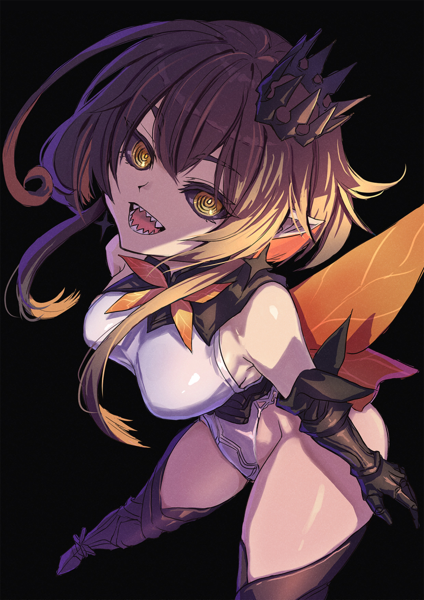 1girl ahoge arthropod_girl bare_shoulders bee_girl bee_wings black_background black_hair black_sclera boots borrowed_character breasts chrom_(ac8231) colored_sclera commission crown elbow_gloves gloves highres insect_girl insect_wings large_breasts leotard looking_at_viewer monster_girl multicolored_hair open_mouth orange_eyes orange_hair original pointy_ears sharp_teeth shouma_(bravespiritya) sidelocks simple_background skeb_commission teeth thigh_boots white_leotard wings