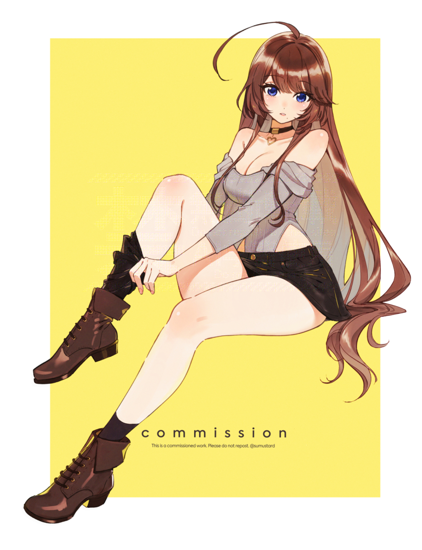 1girl ahoge ankle_boots bare_shoulders black_choker black_skirt black_socks blue_eyes blush boots border breasts brown_boots brown_hair choker cleavage commentary commission full_body grey_leotard heart heart_choker highleg highleg_leotard highres invisible_chair knee_up kneehighs large_breasts leotard long_hair long_sleeves looking_at_viewer miniskirt off_shoulder original outside_border parted_lips sidelocks simple_background sitting skirt socks solo sumustard very_long_hair white_border yellow_background