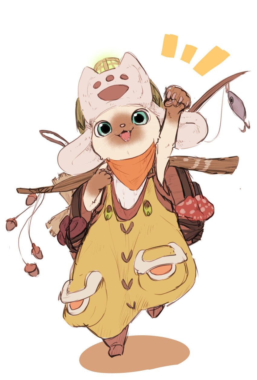 1other :3 animal_hands backpack bag blue_eyes colorpoint commentary_request fangs felyne fishing_rod furry green_overalls hat highres looking_at_viewer monster_hunter_(series) niyamu other_focus overalls simple_background smile solo white_background