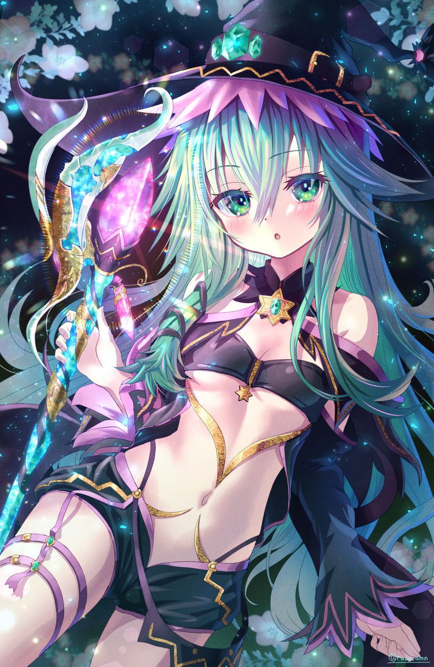 1girl absurdres bandeau bare_shoulders black_bandeau black_hat black_shorts breasts brooch commission date_a_live date_a_live:_spirit_pledge detached_collar detached_sleeves green_eyes green_hair hair_between_eyes hat highres holding holding_staff jewelry kyouno_natsumi long_hair long_sleeves looking_at_viewer midriff navel open_mouth revealing_clothes rouge_(my_rouge) second-party_source short_shorts shorts small_breasts solo staff stomach strapless thigh_strap thighs tube_top very_long_hair witch_hat zipper