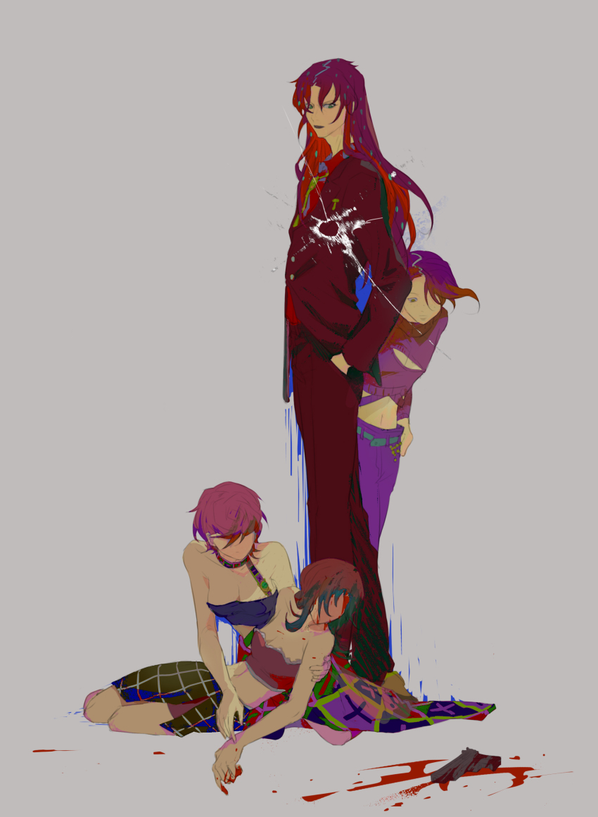 2boys 2girls absurdres asymmetrical_skirt bare_shoulders belt black_lips black_tank_top blood blood_on_clothes blood_on_face blood_on_hands blood_splatter breasts checkered_clothes checkered_skirt cleavage_cutout clothing_cutout collared_shirt crop_top diavolo donatella_una faceless faceless_female father_and_daughter floating_hair formal_clothes freckles frilled_shirt frills green_belt green_eyes green_necktie grey_background gun hair_over_one_eye hand_in_pocket hand_on_another&#039;s_arm hand_on_another&#039;s_hand hand_on_own_hip highres jacket jojo_no_kimyou_na_bouken kneeling lipstick long_hair looking_at_another looking_down lying makeup math medium_hair midriff multiple_boys multiple_girls navel necktie negative_space pants pink_hair polka_dot polka_dot_hair polka_dot_necktie purple_pants red_hair red_shirt red_suit red_tank_top sang_(3soun) shirt short_hair side_slit skirt small_breasts spotted_hair standing strapless strapless_shirt suit suit_jacket symbolism tank_top trish_una vento_aureo vinegar_doppio weapon