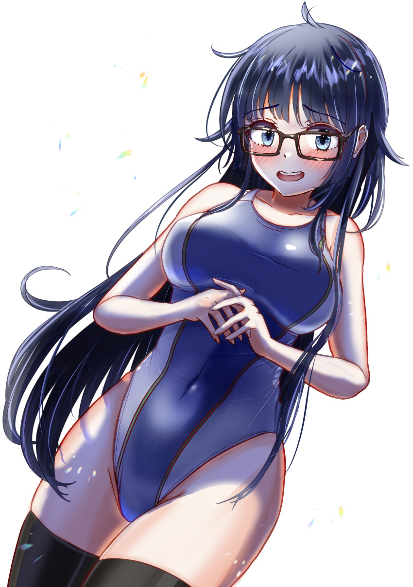 1girl absurdres ahoge black_hair black_thighhighs blue_one-piece_swimsuit breasts charomi competition_swimsuit covered_navel cowboy_shot gero_mitsuki glasses grey_hair highres large_breasts long_hair looking_at_viewer one-piece_swimsuit onsen_musume red-framed_eyewear simple_background solo swimsuit thighhighs two-tone_swimsuit white_background