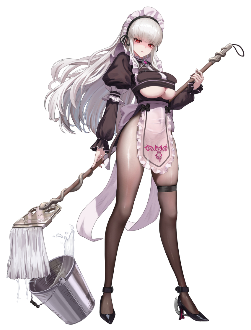 1girl apron black_dress black_shoes blade_(brown_dust) breasts brown_dust_(series) brown_dust_2 bucket cleavage cleavage_cutout clothing_cutout covered_navel deep_skin dress eyebrows_hidden_by_hair full_body glaring grey_hair high_heels highres holding holding_mop irorong large_breasts long_hair looking_at_viewer maid maid_headdress mop pantyhose pubic_tattoo_through_clothing red_eyes shoes simple_background skindentation solo stiletto_heels thigh_strap very_long_hair waist_apron white_apron white_background