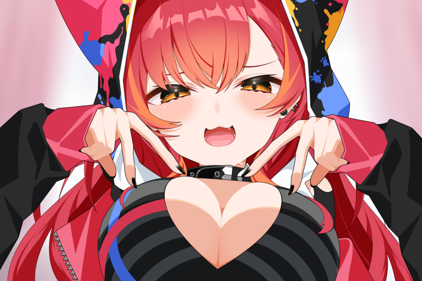 1girl :3 animal_ear_hood belt_collar black_collar black_nails bra breasts cleavage collar earrings fake_animal_ears fang half-closed_eyes highres hood jewelry looking_at_viewer nekota_tsuna nekota_tsuna_(1st_costume) omas_lie open_mouth orange_eyes paint_splatter red_hair sleeves_past_wrists spiked_ear_piercing striped_bra striped_clothes swept_bangs underwear v virtual_youtuber vspo!