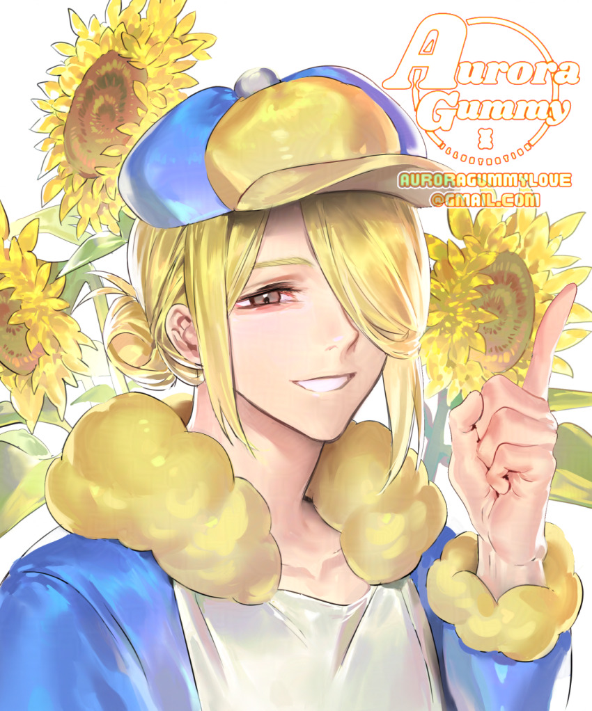 1boy artist_name auroragummy blonde_hair blue_jumpsuit commentary_request email_address grin hair_bun hair_over_one_eye half-closed_eyes hand_up happy hat highres index_finger_raised jumpsuit korean_commentary male_focus nintendo pokemon pokemon_legends:_arceus short_hair smile solo teeth upper_body volo_(pokemon) watermark white_background