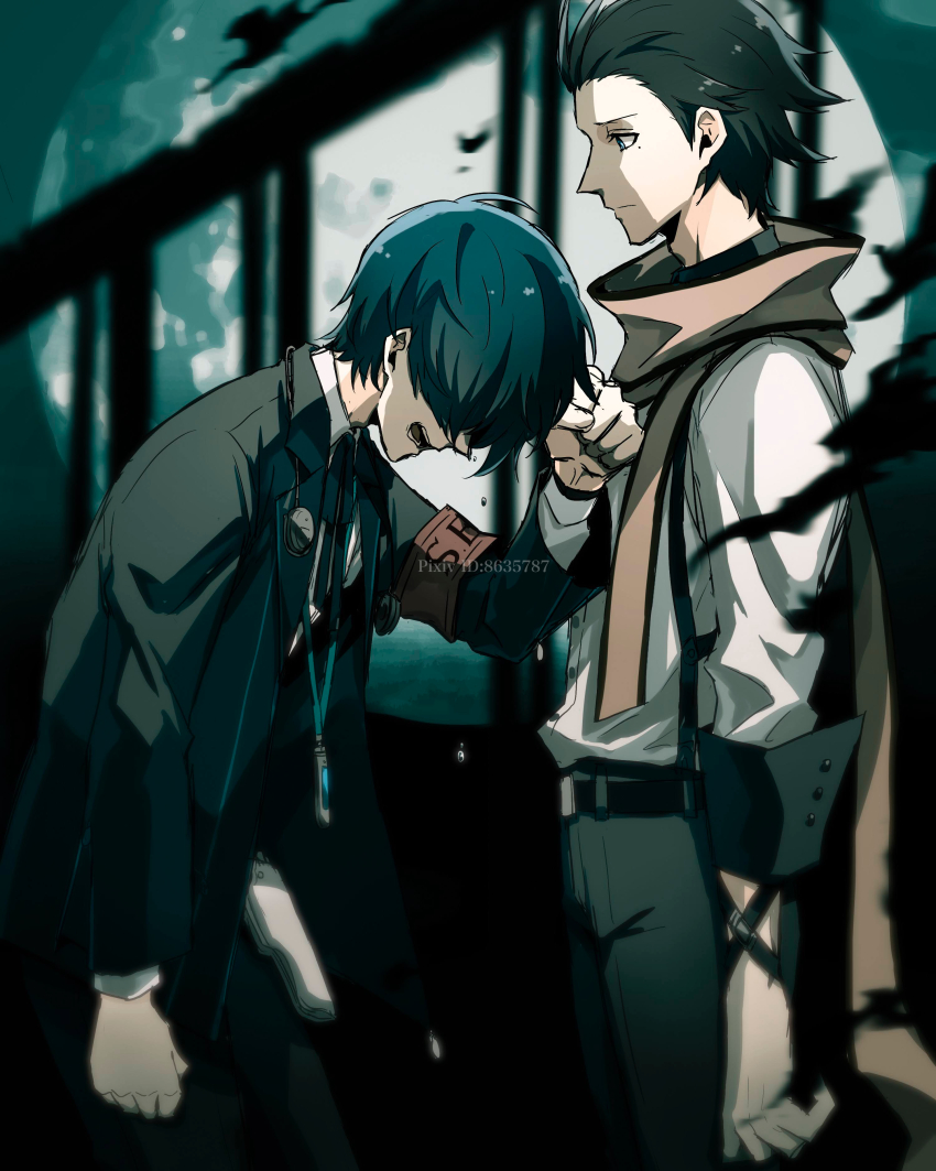 2boys absurdres armband black_hair blue_hair eme_(204) gekkoukan_high_school_uniform hair_over_eyes hand_on_another&#039;s_chest headphones highres mochizuki_ryouji multiple_boys open_mouth persona persona_3 red_armband scarf school_uniform short_hair suspenders yuuki_makoto_(persona_3)