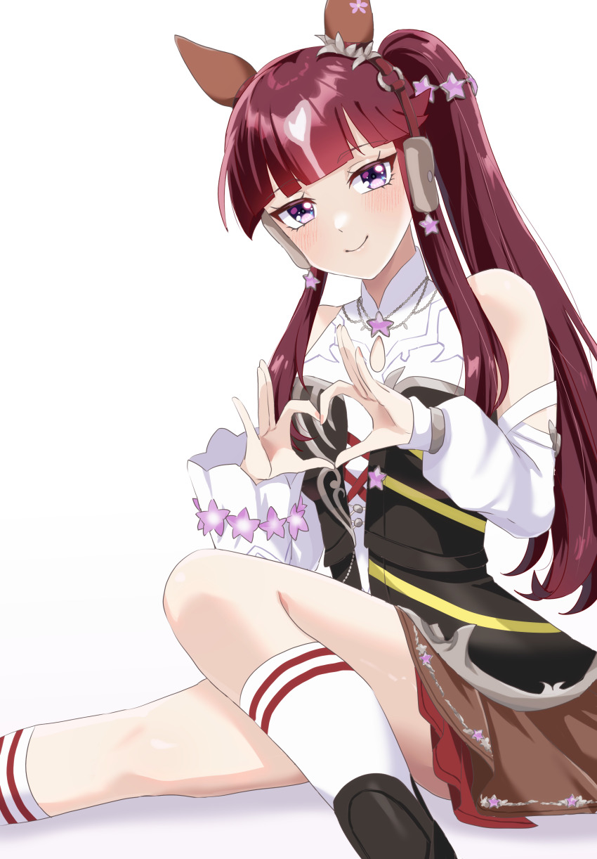 1girl absurdres animal_ears breasts brown_hair closed_mouth commentary_request detached_sleeves heart heart_hands highres horse_ears horse_tail jewelry looking_at_viewer lucky_lilac_(umamusume) medium_breasts necklace nitsutomeo_shinobu purple_eyes side_ponytail simple_background smile solo tail textless_version thighs umamusume white_background