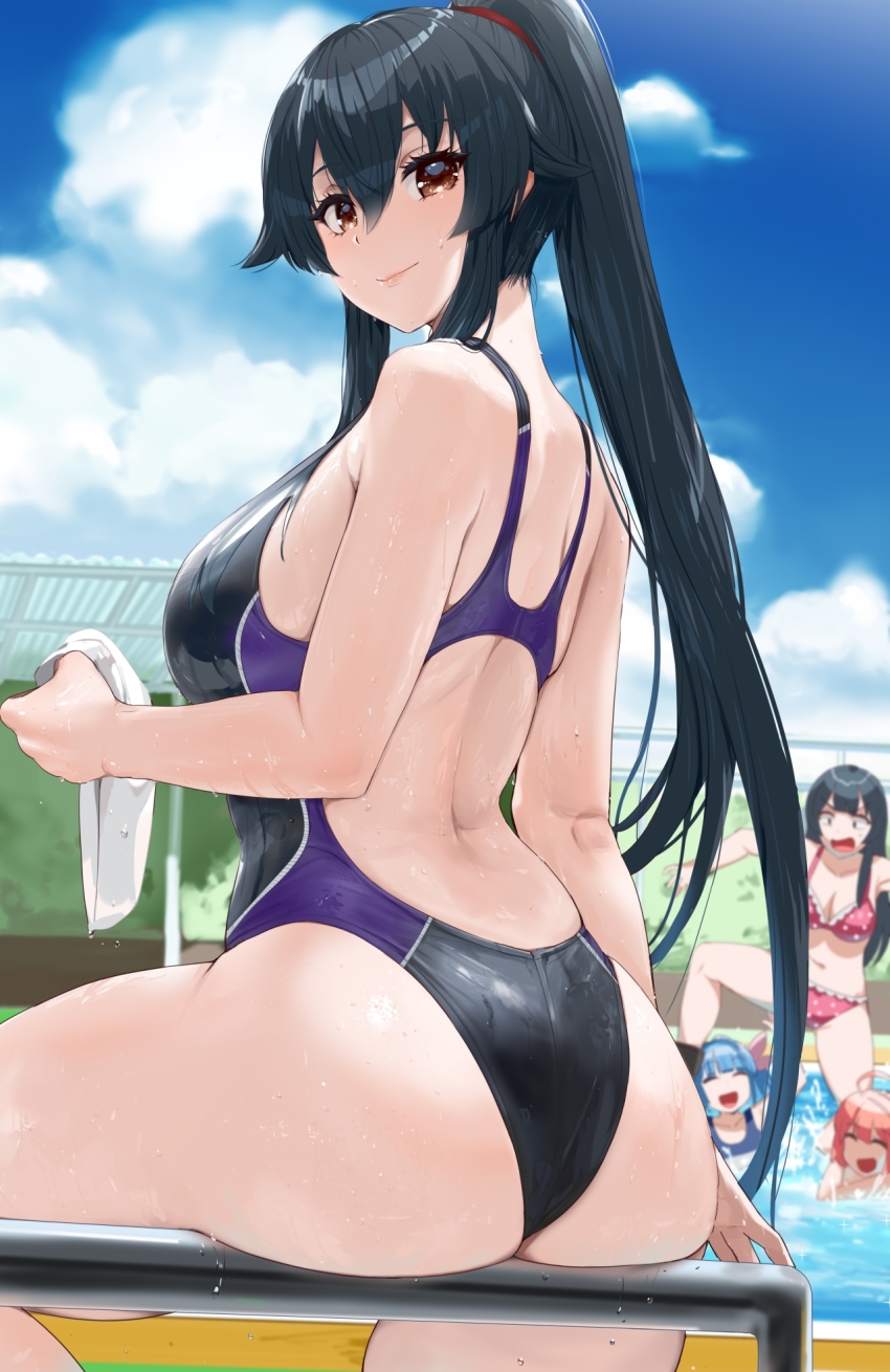4girls agano_(kancolle) ass bikini black_hair blue_hair blue_sky breasts brown_eyes cloud commentary_request competition_swimsuit day high_ponytail highres i-19_(kancolle) i-58_(kancolle) kantai_collection kusaka_souji large_breasts long_hair looking_back multiple_girls one-piece_swimsuit ponytail pool red_hair revision sky solo_focus swimsuit very_long_hair water yahagi_(kancolle)