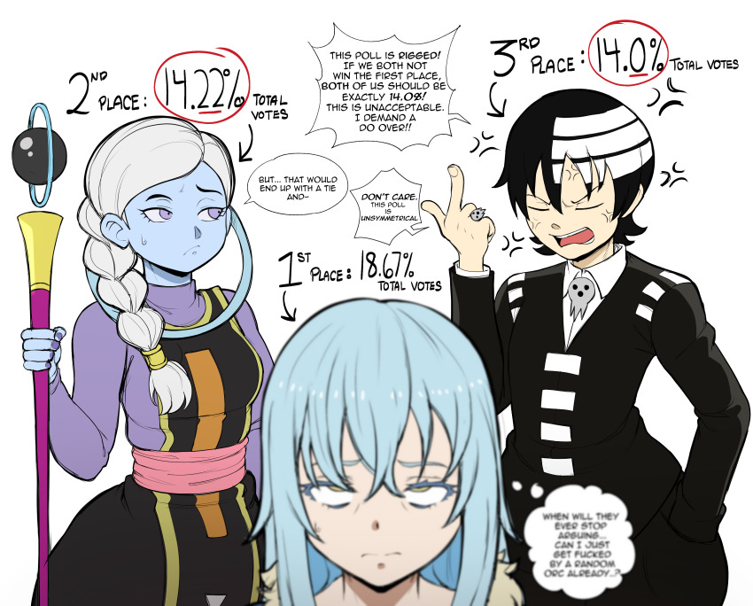 1girl 2boys absurdres angel angel_(dragon_ball) angry annoyed blackwhiplash blue_hair bored crossover cus death_the_kid dragon_ball highres multicolored_hair multiple_boys rimuru_tempest soul_eater tensei_shitara_slime_datta_ken trap two-tone_hair white_background white_hair