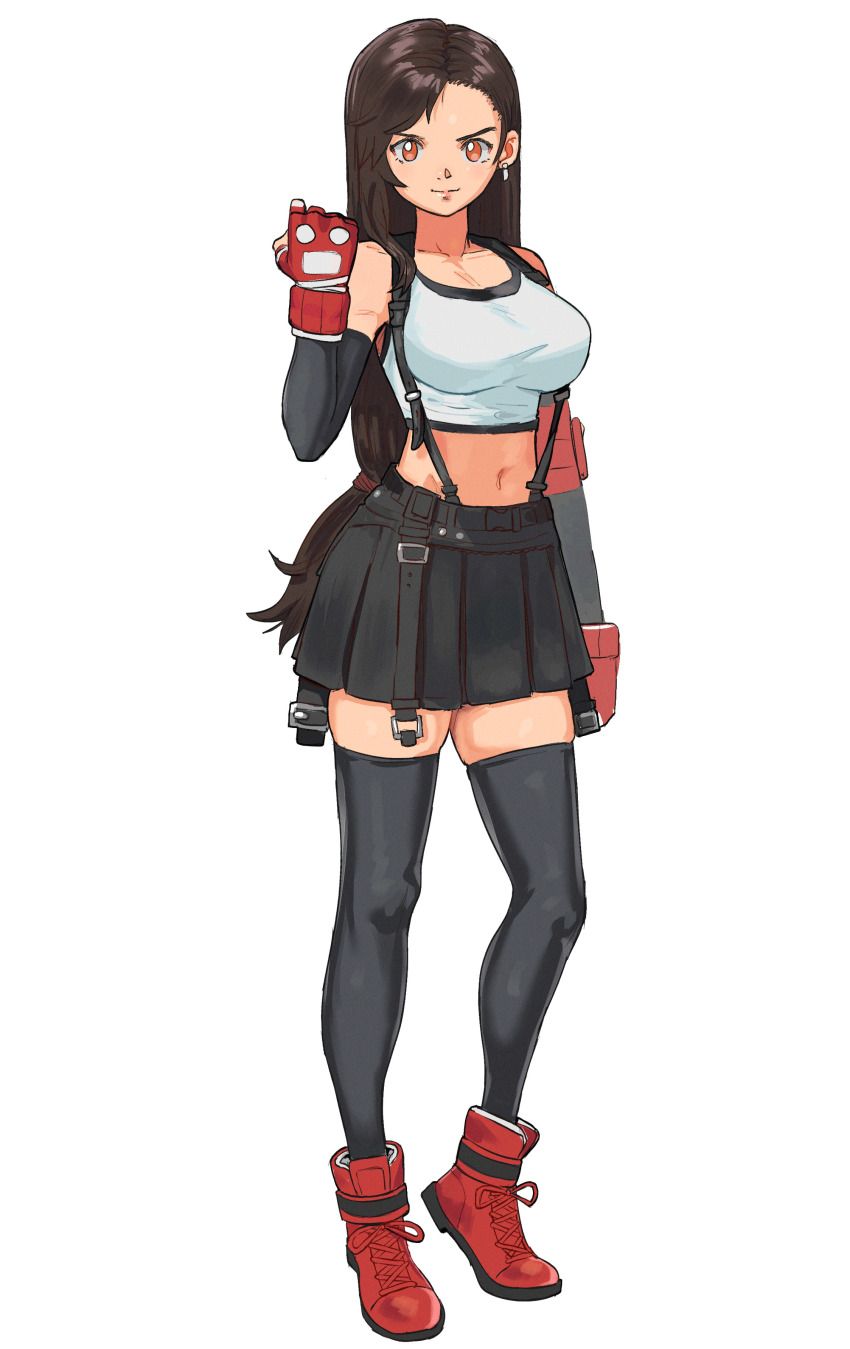 1girl absurdres arm_at_side asymmetrical_bangs bare_shoulders belt black_belt black_gloves black_shoes black_skirt black_thighhighs black_trim breasts buckle clenched_hand closed_mouth collarbone colored_shoe_soles commentary crop_top cross-laced_shoes earrings elbow_gloves english_commentary final_fantasy final_fantasy_vii fingerless_gloves full_body gloves hair_over_shoulder hair_tie hand_up high_tops highres invisible_floor jewelry large_breasts long_eyelashes long_hair looking_at_viewer low-tied_long_hair matheus_felipe midriff miniskirt mma_gloves multicolored_shoes navel open_belt orange_eyes parted_bangs parted_hair pleated_skirt red_gloves red_shoes shoes sidelocks simple_background skindentation skirt smile snap-fit_buckle sneakers solo standing straight_hair tank_top thick_eyelashes thick_thighs thighhighs thighs tifa_lockhart tight_top two-tone_shoes v-shaped_eyebrows very_long_hair white_background white_tank_top zettai_ryouiki