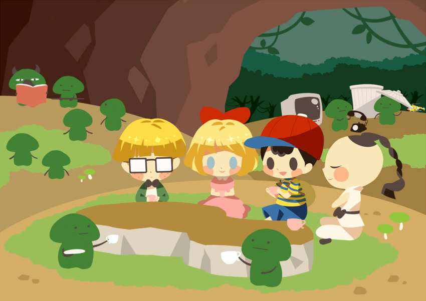 1girl 3boys aircraft antique_phone baseball_cap black_bow black_bowtie black_eyes black_hair blonde_hair blue_eyes blue_shorts book bow bowl_cut bowtie braid cave closed_eyes closed_mouth crt cup dougi freckles glasses green_jacket hair_bow hat helicopter hitofutarai holding holding_book holding_cup holding_plate indian_style jacket jeff_andonuts jungle mother_(series) mother_2 multiple_boys nature ness_(mother_2) nintendo paula_(mother_2) phone pink_footwear plant plate poo_(mother_2) reading red_bow red_headwear rotary_phone shirt shorts sitting smile striped_clothes striped_shirt television tenda_(mother) trash_can tree vines