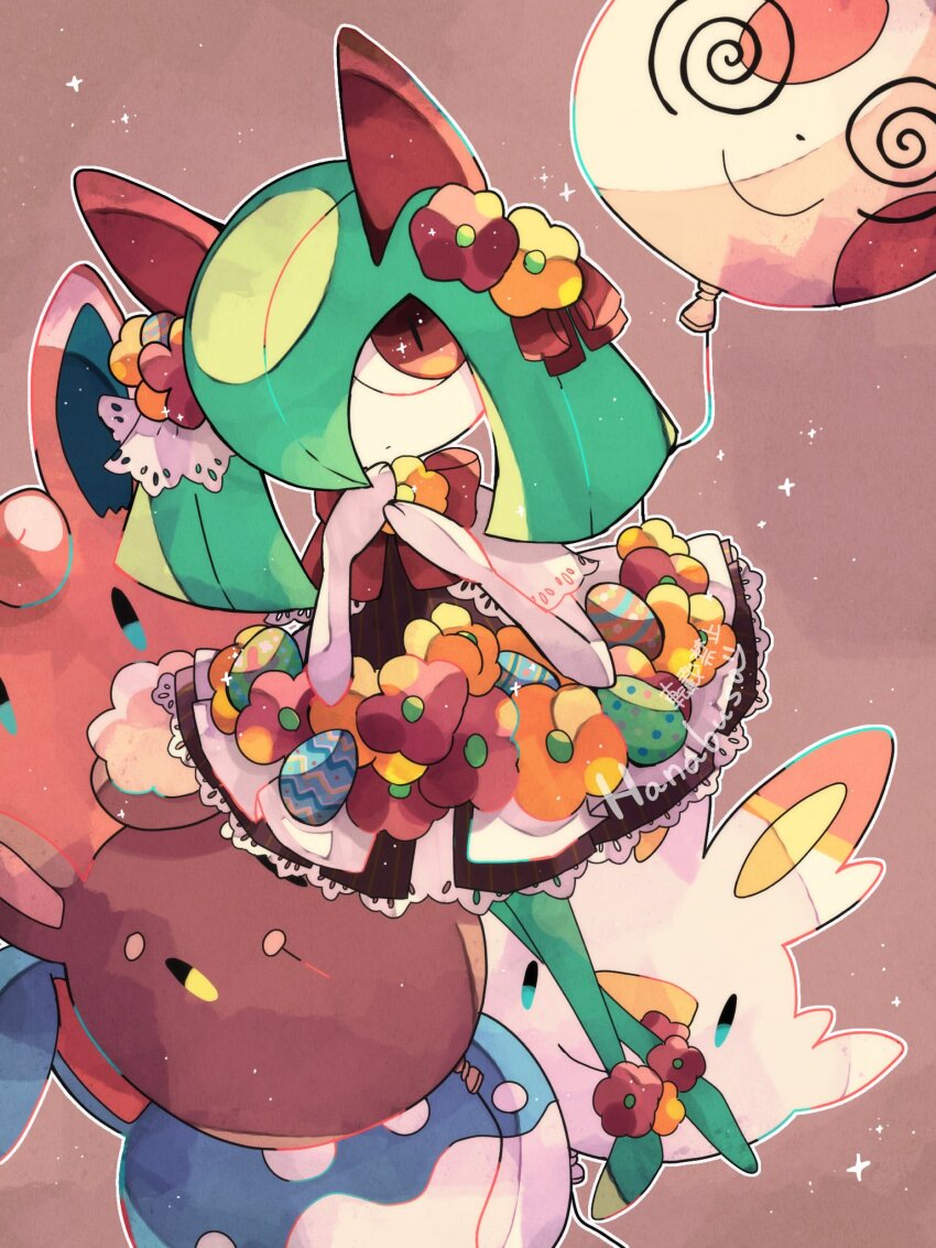 artist_name azumarill balloon black_dress buneary character_balloon clothed_pokemon colored_skin dress easter_egg egg flareon flower gen_1_pokemon gen_2_pokemon gen_3_pokemon gen_4_pokemon gen_8_pokemon green_hair hair_flower hair_ornament hanabusaoekaki highres holding holding_balloon kirlia nintendo pokemon pokemon_(creature) red_eyes scorbunny spinda standing white_skin