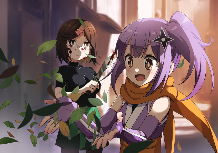 2girls blood blood_on_clothes breasts brown_eyes brown_hair fingerless_gloves glasses gloves hair_ornament hairclip holding holding_knife knife koga_konoha kusagakure_satoko large_breasts leaf long_hair looking_at_another multiple_girls ninja ninja_to_koroshiya_no_futarigurashi nyoro_(nyoronyoro000) open_mouth purple_hair scarf short_hair shuriken_hair_ornament side_ponytail skirt sleeveless smile turtleneck