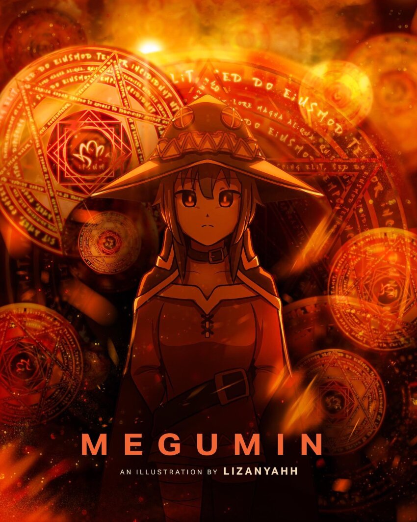 1girl arms_behind_back artist_name belt brown_cape brown_hair brown_hat cape character_name cowboy_shot dress frown hat highres kono_subarashii_sekai_ni_shukufuku_wo! liza_(lizanyahh) long_sleeves megumin movie_poster oppenheimer_(movie) poster_parody red_dress red_eyes solo witch_hat