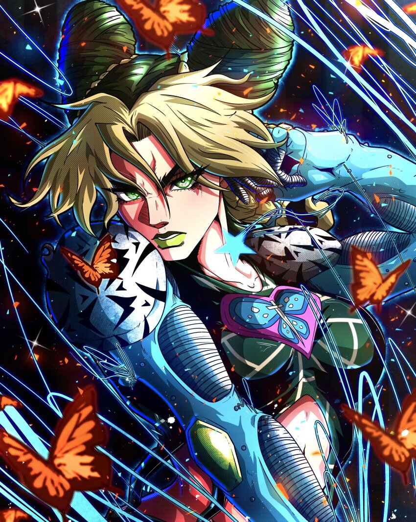 1girl 1other absurdres animal_print armor asymmetrical_bangs blonde_hair blue_string bug butterfly butterfly_print crop_top double_bun green_eyes green_hair green_lips green_shirt hair_bun heart heart_print highres insect jojo_no_kimyou_na_bouken kuujou_jolyne looking_at_viewer noonvincent orange_butterfly shirt shoulder_armor stand_(jojo) star_(symbol) stone_free stone_ocean sword_print