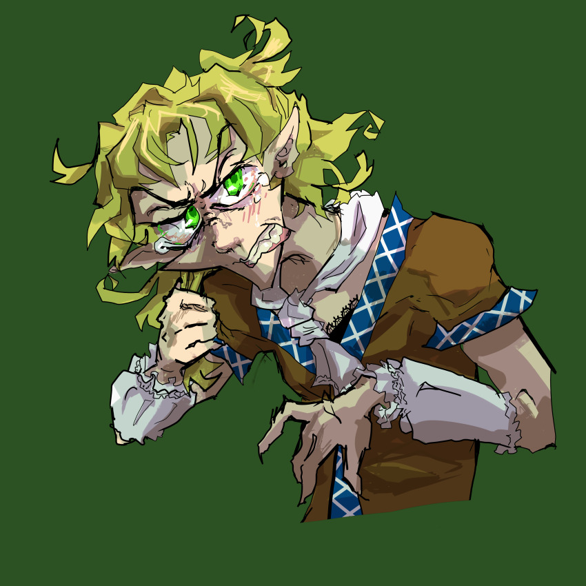 1girl absurdres angry blonde_hair crying envicement envy fingernails green_background green_eyes highres mizuhashi_parsee non-web_source pointy_ears self-upload sharp_fingernails tears teeth touhou