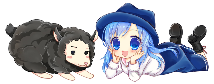 1girl :d animal black_boots black_sheep black_socks blouse blue_eyes blue_hair blue_hat blue_skirt blush boots chibi eyelashes fedora hands_on_own_cheeks hands_on_own_face hands_up hat highres legs_up light_blue_hair long_skirt long_sleeves looking_at_viewer lorna mabinogi no_nose open_mouth pan_(mabinogi) pink_sailor_collar sailor_collar shararan sheep shirt simple_background single_horizontal_stripe skirt smile socks solo white_background white_shirt