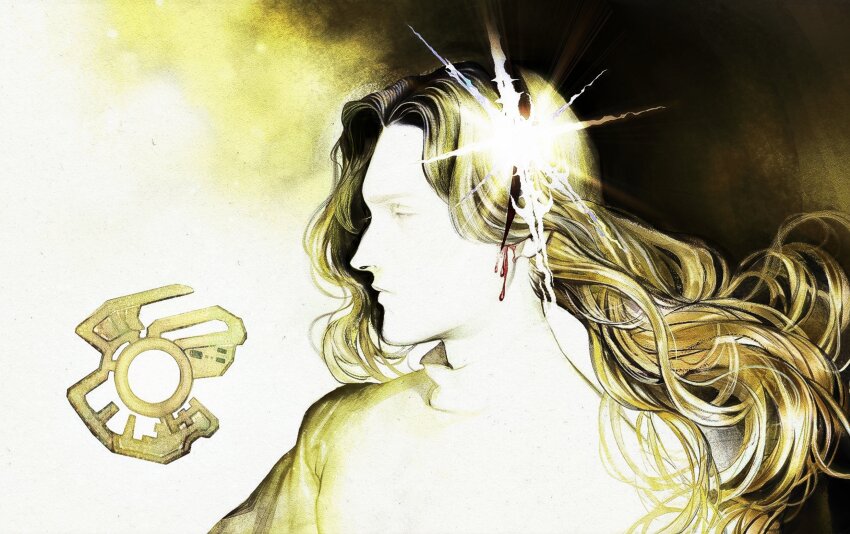1boy absurdres androgynous black_background blood blood_on_face enki_(fear_&amp;_hunger) faux_traditional_media fear_&amp;_hunger_(series) from_side heavy_lens_flare highres krita_(medium) lens_flare limited_palette long_hair male_focus poltory_tvari surreal upper_body watercolor_effect white_background yellow_theme
