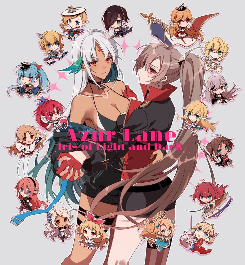 6+girls amazuki_jou arethusa_(azur_lane) ark_royal_(azur_lane) azur_lane banner bare_shoulders black_coat black_hair blonde_hair blue_bow blue_eyes blue_hair blue_ribbon bow brooklyn_(azur_lane) brown_hair chibi cleveland_(azur_lane) coat collarbone copyright_name dark-skinned_female dark_skin dunkerque_(azur_lane) emile_bertin_(azur_lane) facial_mark forbin_(azur_lane) gloves grey_hair hair_over_one_eye hat high_ponytail highres holding holding_banner holding_hands holding_sword holding_weapon hood_(azur_lane) jean_bart_(azur_lane) jeanne_d&#039;arc_(azur_lane) jenkins_(azur_lane) le_mars_(azur_lane) le_triomphant_(azur_lane) long_hair looking_at_viewer massachusetts_(azur_lane) multiple_girls parted_bangs parted_lips peaked_cap ponytail ranger_(azur_lane) rapier red_bow red_eyes red_gloves red_hair renown_(azur_lane) ribbon richelieu_(azur_lane) rigging simple_background smile surcouf_(azur_lane) sweatdrop sword union_jack very_long_hair weapon white_background white_hat wichita_(azur_lane)