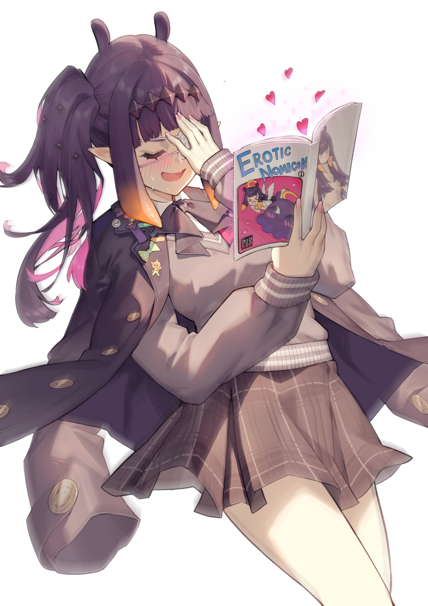 1girl absurdres back_ribbon black_jacket blazer blush book cardigan closed_eyes commentary_request dutch_angle eyepatch fang gradient_hair grey_cardigan grey_skirt hair_ornament hand_over_eye heart highres holding holding_book hololive hololive_english jacket jacket_on_shoulders lapel_pin long_hair manga_(object) medical_eyepatch multicolored_hair neck_ribbon nervous_sweating ninomae_ina&#039;nis ninomae_ina&#039;nis_(school_uniform) one_eye_covered open_clothes open_jacket orange_hair pink_nails plaid_clothes plaid_skirt pleated_skirt pointy_ears pornography purple_hair ribbon side_ponytail skin_fang skirt solo sweat takodachi_(ninomae_ina&#039;nis) tentacle_hair v-neck virtual_youtuber white_background zetsuental