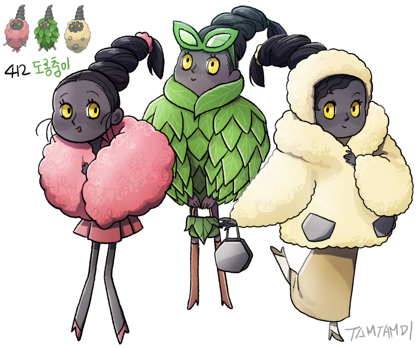 3girls artist_name bag black_hair brown_skirt burmy burmy_(plant) burmy_(sandy) burmy_(trash) coat colored_skin eyelashes eyewear_on_head gen_4_pokemon glasses green-framed_eyewear green-tinted_eyewear grey_skin hat highres holding holding_bag korean_commentary leaf_clothing multiple_girls nintendo personification pink_scarf pink_skirt pokemon reference_inset scarf skirt smile tamtamdi tinted_eyewear translated white_coat white_hat yellow_eyes