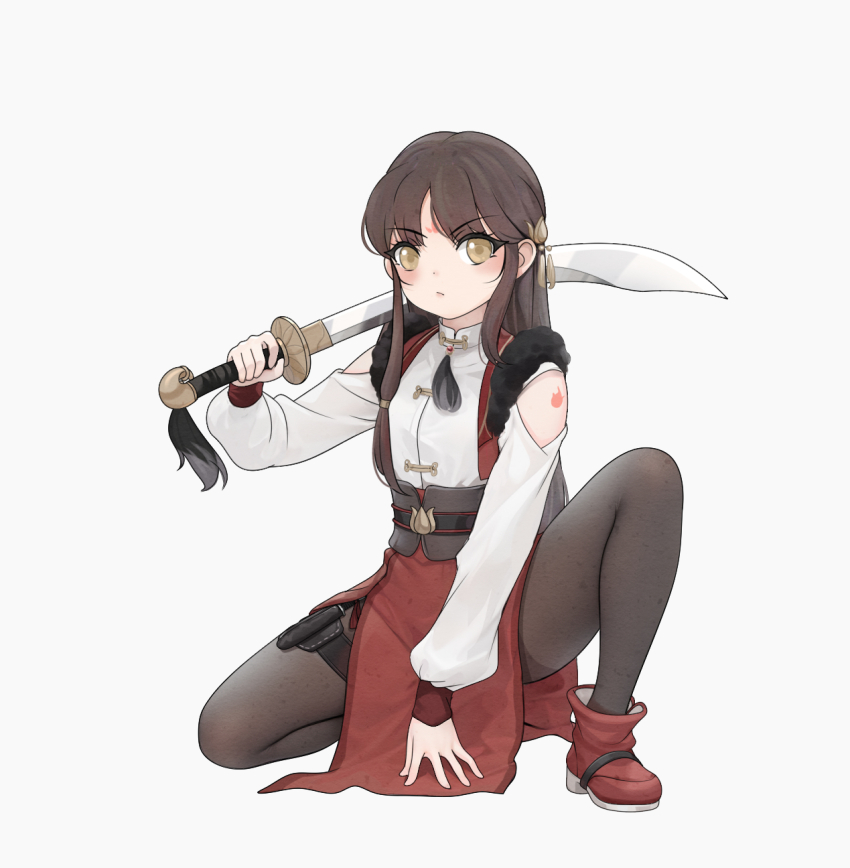 1girl arm_support blush boots brown_eyes brown_hair brown_pantyhose closed_mouth commentary facial_mark forehead_mark full_body grey_background highres holding holding_sword holding_weapon long_hair looking_at_viewer on_one_knee original over_shoulder pantyhose parted_bangs red_boots scimitar shiro_piazi simple_background solo sword sword_over_shoulder symbol-only_commentary v-shaped_eyebrows very_long_hair weapon weapon_over_shoulder