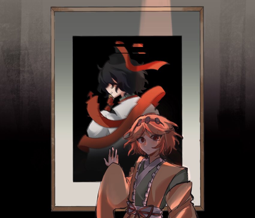 2others against_glass androgynous black_background black_hair black_headwear closed_mouth commentary detached_sleeves frilled_jacket frills from_behind frown green_kimono green_sleeves hair_over_eyes hairband hand_on_glass hat hat_ribbon highres holding holding_rod indoors jacket japanese_clothes kariginu kimono layered_sleeves len&#039;en long_sleeves looking_at_viewer multiple_others ofuda ofuda_on_clothes orange_eyes orange_hair orange_jacket orange_sleeves other_focus painting_(object) red_hairband red_ribbon ribbon rod sash senri_tsurubami short_hair sleeveless sleeveless_jacket sleeves_past_wrists smile symbol-only_commentary upper_body waist_ribbon white_sash white_sleeves wide_sleeves xiao_ganju_nailuo zuifeng_tenkai