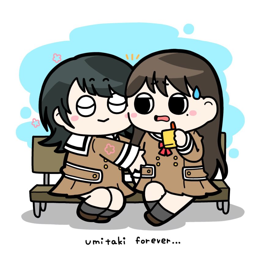 2girls :&gt; arm_at_side bang_dream! bang_dream!_it&#039;s_mygo!!!!! bench black_hair black_socks blush bow bowtie brown_dress brown_shoes cheek-to-cheek chibi closed_eyes closed_mouth comedic_sweatdrop commentary dress facing_another flower_symbol full_body hanasakigawa_school_uniform hand_up hands_up heads_together highres holding holding_juice_box imminent_hug juice_box kneehighs konpeitoull_(c12h22o11_tr_6) long_hair looking_at_another looking_to_the_side mole mole_under_eye multiple_girls notice_lines on_bench open_mouth outstretched_arms park_bench pleated_dress raised_eyebrows red_bow red_bowtie sailor_collar school_uniform serafuku shiina_taki shoes sideways_glance sitting socks solid_circle_pupils two-tone_background wavy_mouth white_background white_sailor_collar yahata_umiri yuri
