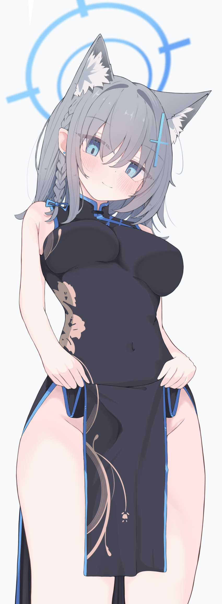1girl absurdres animal_ear_fluff animal_ears black_dress blue_archive blue_eyes breasts china_dress chinese_clothes commentary cross_hair_ornament dress extra_ears grey_hair groin hair_ornament halo highres mismatched_pupils nui_(nuinui0300) shiroko_(blue_archive) solo variant_set wolf_ears