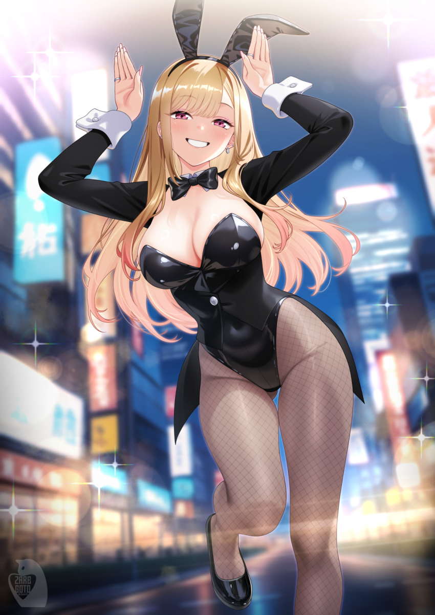 1girl animal_ears black_jacket black_leotard blonde_hair blush bow bowtie breasts brown_pantyhose cleavage coattails covered_navel detached_collar earrings fake_animal_ears fishnet_pantyhose fishnets grin hands_up high_heels highleg highleg_leotard highres jacket jewelry kitagawa_marin large_breasts leotard long_hair long_sleeves looking_at_viewer pantyhose playboy_bunny rabbit_ears rabbit_pose red_eyes smile solo sono_bisque_doll_wa_koi_wo_suru thighs wrist_cuffs zaregoto_tsukai_no_deshi