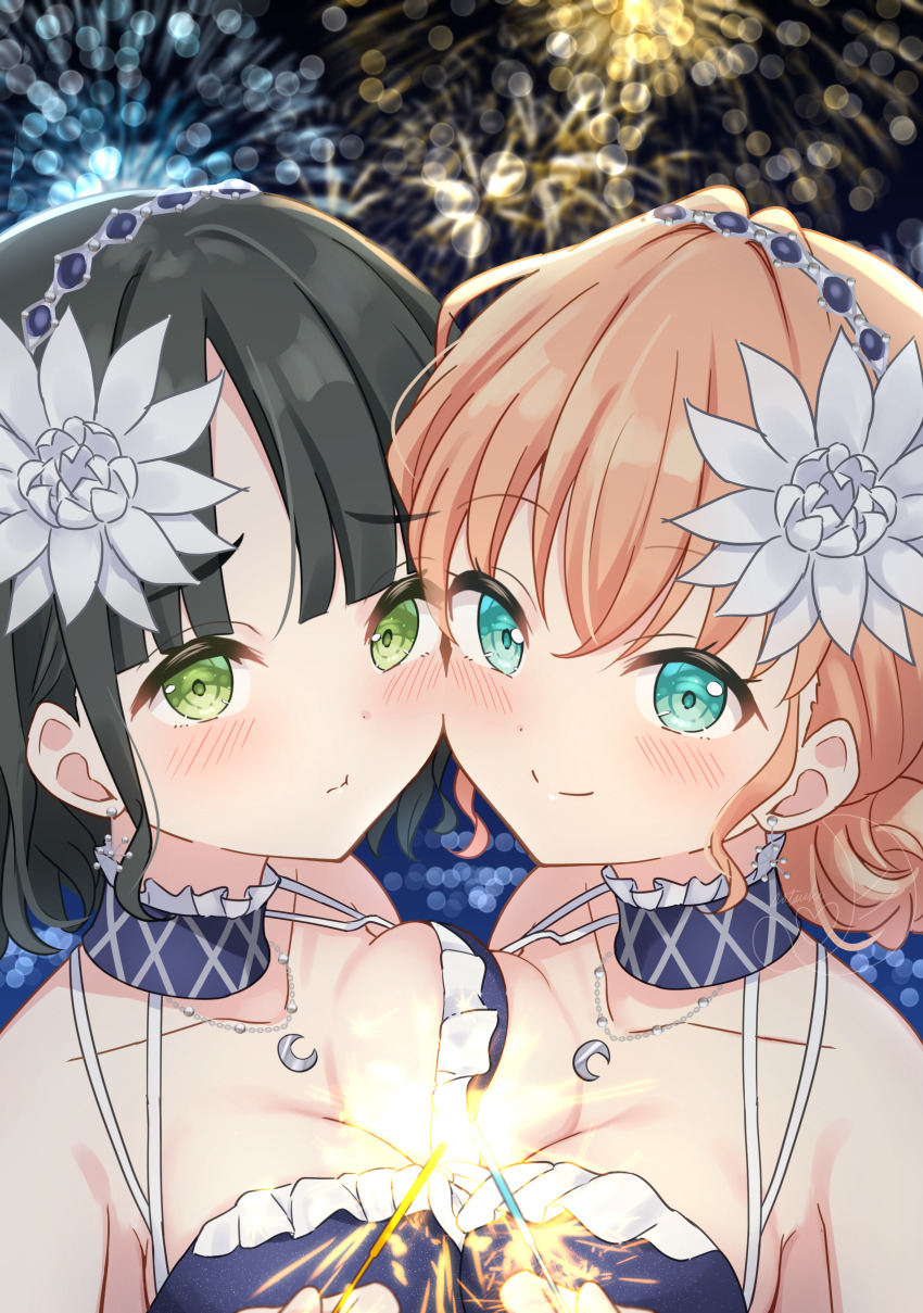 2girls :t absurdres aerial_fireworks asymmetrical_docking atarayo_hanabi bikini black_hair blue_bikini blue_eyes blunt_bangs blurry blurry_background bokeh breast_press breasts cerise_bouquet cheek-to-cheek cleavage closed_mouth collarbone commentary crescent crescent_necklace crossed_bangs depth_of_field fireworks flower frilled_bikini frills green_eyes hair_bun hair_flower hair_ornament hanazora_satsuki heads_together highres hinoshita_kaho holding holding_fireworks jewelry large_breasts link!_like!_love_live! lotus love_live! momose_ginko multi-strapped_bikini_top multiple_girls necklace night official_alternate_costume orange_hair pout raised_inner_eyebrows short_hair single_hair_bun smile sparkler split_mouth swimsuit symbol-only_commentary virtual_youtuber white_flower