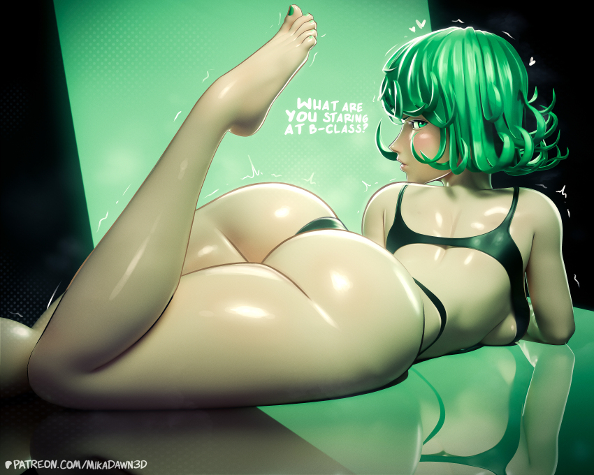 1girl 3d absurdres ass barefoot black_background black_bra black_panties bra breasts english_text from_behind green_background green_hair green_nails highres lying mika_dawn nail_polish on_stomach one-punch_man panties parted_lips reflective_floor short_hair small_breasts solo speech_bubble tatsumaki thighs toenail_polish toenails underwear underwear_only
