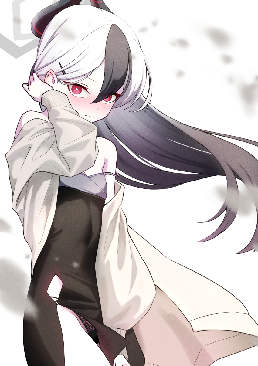 1girl absurdres black_dress black_hair black_horns black_panties blue_archive blurry blurry_foreground blush brown_jacket closed_mouth commentary_request demon_horns dress floating_hair gradient_hair hair_between_eyes halo highres horns jacket kayoko_(blue_archive) kayoko_(dress)_(blue_archive) lace lace_panties long_hair long_sleeves looking_at_viewer multicolored_hair off_shoulder official_alternate_costume official_alternate_hairstyle open_clothes open_jacket panties pantyshot red_eyes sayu_mypace side_slit solo standing tucking_hair underwear variant_set white_hair