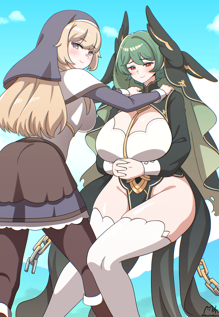 absurdres blonde_hair breasts chain curvy green_hair head_wings highres joanne_(trickcal) large_breasts majinmallow ner_(trickcal) nun smile thighhighs trickcal wings
