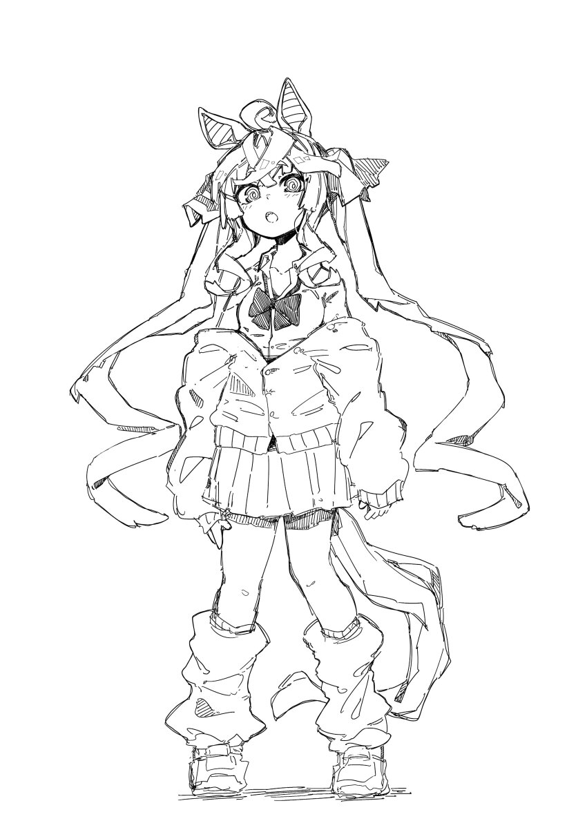 1girl :o @_@ absurdres ahoge alternate_costume animal_ears bow bowtie cardigan collared_shirt commentary_request crossed_bangs gyaru hair_bow hatching_(texture) hero_chi highres horse_ears horse_girl horse_tail leg_warmers long_hair long_sleeves looking_at_viewer monochrome off_shoulder open_mouth partially_unbuttoned pleated_skirt sharp_teeth shirt shoes sidelocks simple_background sketch skirt solo standing striped_bow tail teeth twin_turbo_(umamusume) twintails umamusume very_long_hair white_background