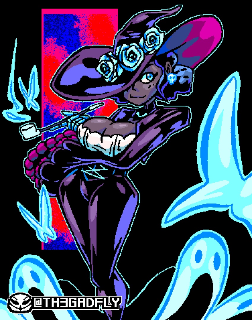 1girl artist_name bad_link black_hair blush body_freckles breasts brown_hair bug butterfly dark-skinned_female dark_skin earrings english_text flower freckles gloves grey_background hat highres holding holding_smoking_pipe insect jewelry kiseru leandra_(bumblesteak) long_hair looking_at_viewer multicolored_hair necromancer nose original short_hair simple_background skull_earrings smile smoke smoking_pipe solo streaked_hair th3gadfly witch_hat