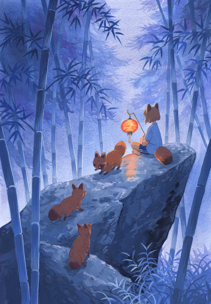 1girl animal_ears bamboo bamboo_forest barefoot blue_shirt blue_shorts blue_theme brown_hair commentary english_commentary facing_away foliage forest heikala highres holding holding_lantern indian_style lantern monochrome_background nature on_rock original paper_lantern raccoon raccoon_ears raccoon_girl raccoon_tail rock scenery shirt short_hair shorts sitting solo t-shirt tail